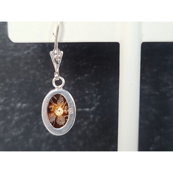 925 Sterling Silver Floral Resin Dangling Pierced Earrings Vintage - Picture 7 of 10